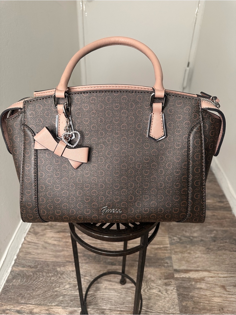 Guess Brown Monogram Satchel Bag with Pink Trim & Bow Charm